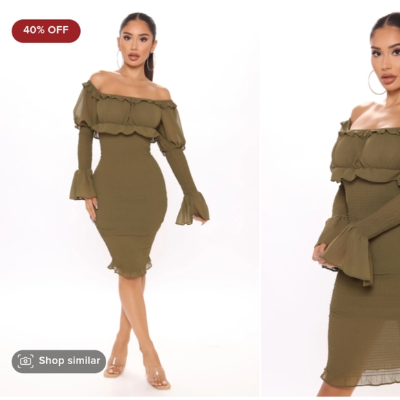 Olive off the shoulder midi dress - Picture 1 of 2